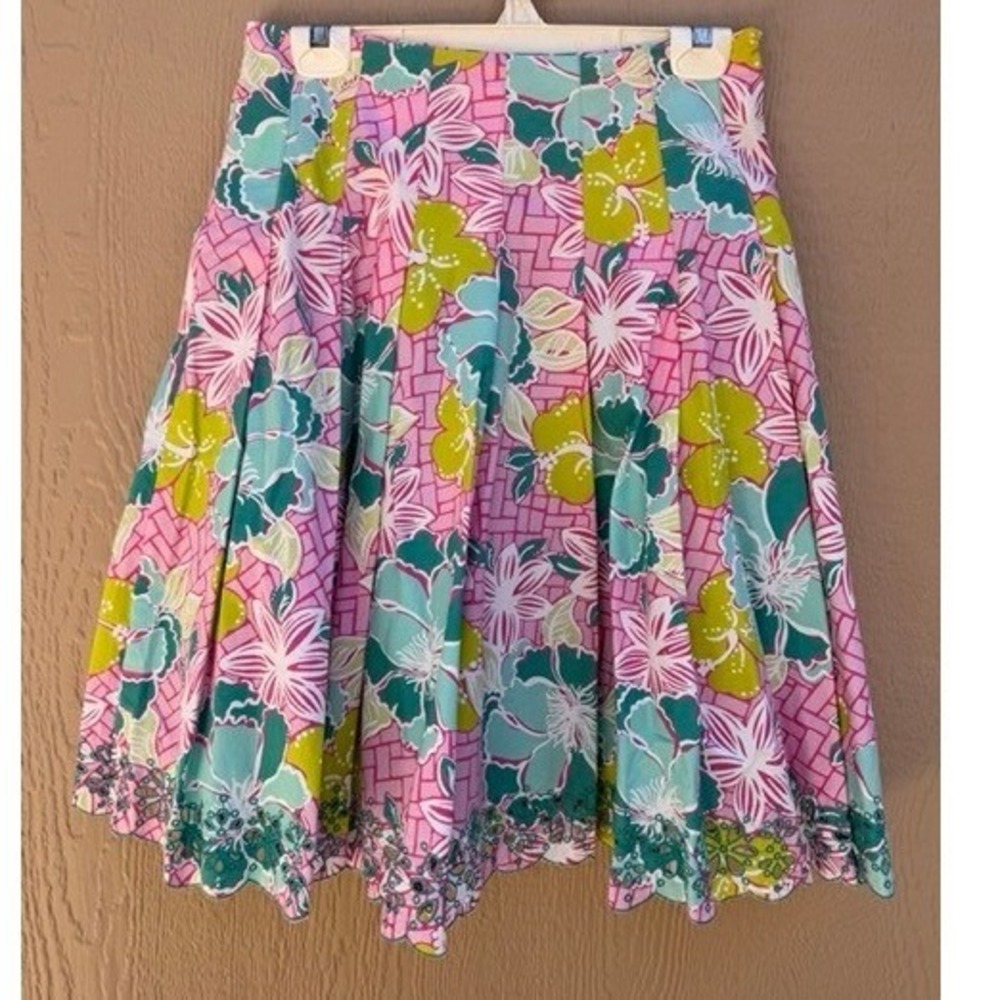 Lilly Pulitzer Womens Pink Floral Pleated Skirt Size 4 Eyelet Cottage Tropical - Picture 2 of 10